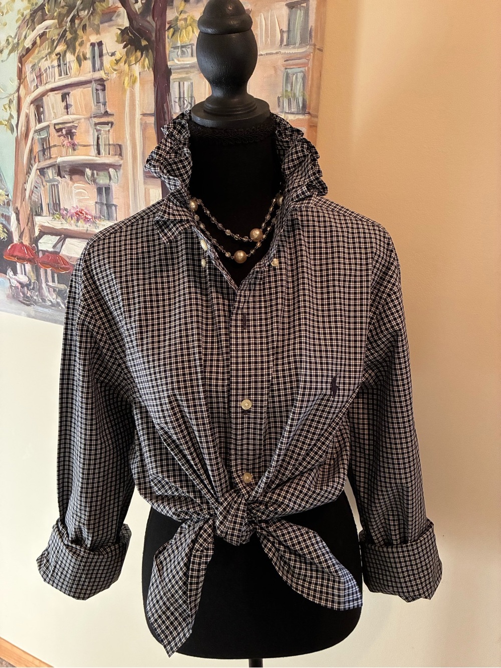 Ralph Lauren Black and White Gingham Tie-Front Button Down